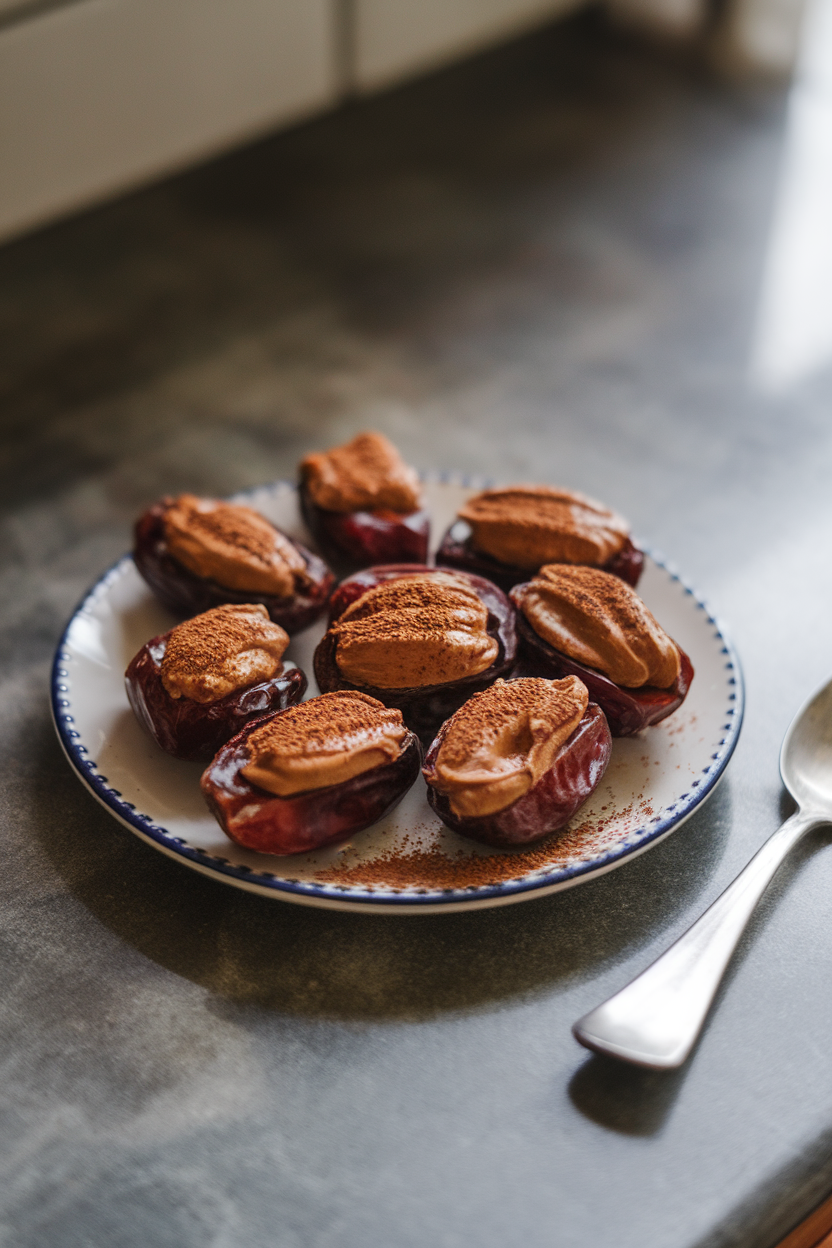 A small plate on an indoor countertop lined with Medjool dates split and filled with almond butter, dusted with cocoa powder. Photo only, no text or logos.