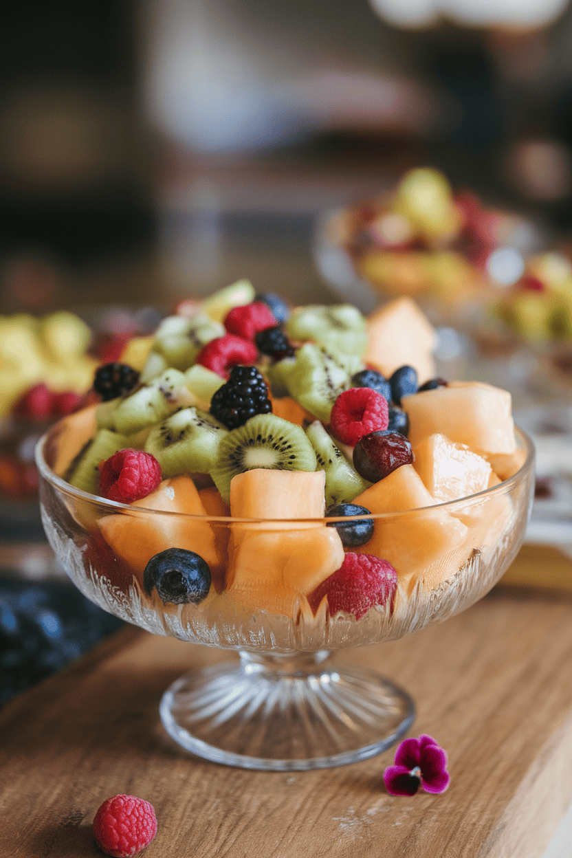 Indoor glass bowl of mixed melon, kiwi, and berries lightly glazed, no text