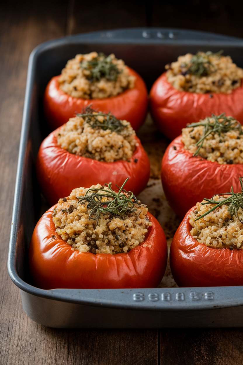 A baking pan indoors showing large tomatoes filled with turkey, quinoa, and herbs, lightly browned on top. No logos or text.