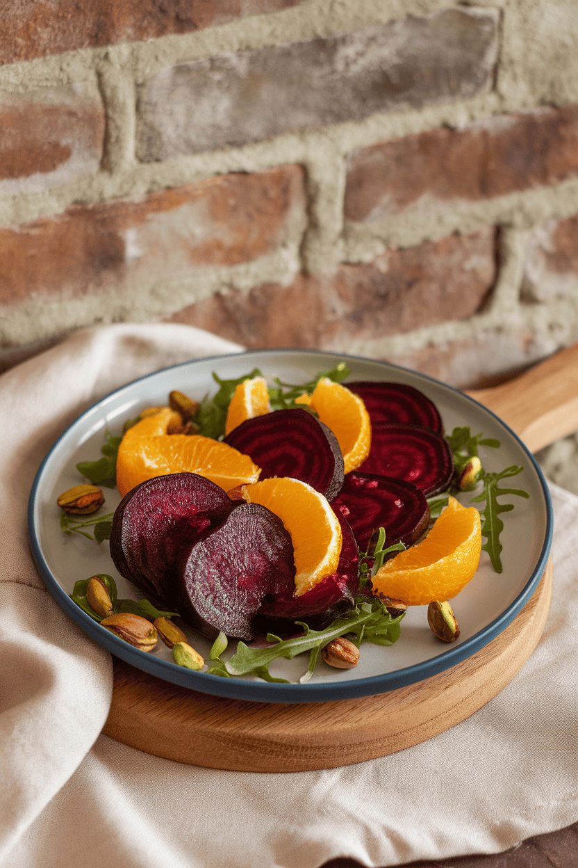 Indoor tabletop featuring a plate of sliced roasted beets paired with orange rounds, arugula, and pistachios, lightly glossy from vinaigrette. No text or logos. Photo, not illustration.