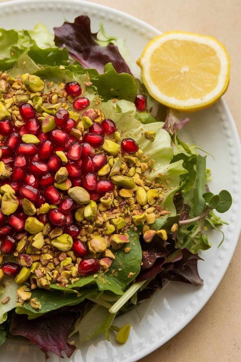 Indoor photo of a mixed-green salad topped with bright pomegranate arils and crushed pistachios; no text or logos