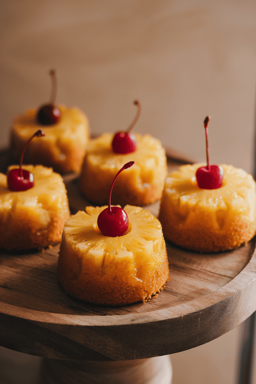 Indoor photo of mini pineapple upside-down cakes each topped with a caramelized pineapple ring and cherry, no text or logos