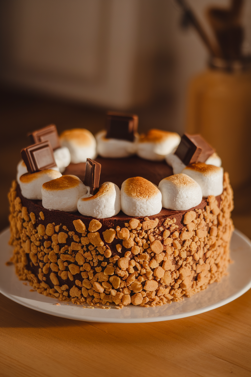A chocolate cake indoors topped with toasted marshmallow frosting, graham-cracker crumble borders, and a few melted chocolate squares, photographed under warm lighting. No text or logos, photo only.