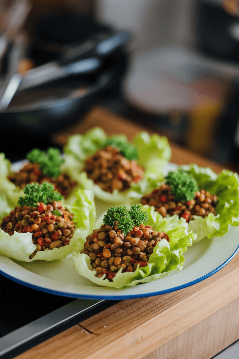 Indoor photo of butter lettuce cups filled with colorful lentil salad topped with parsley, on a white plate. No logos.