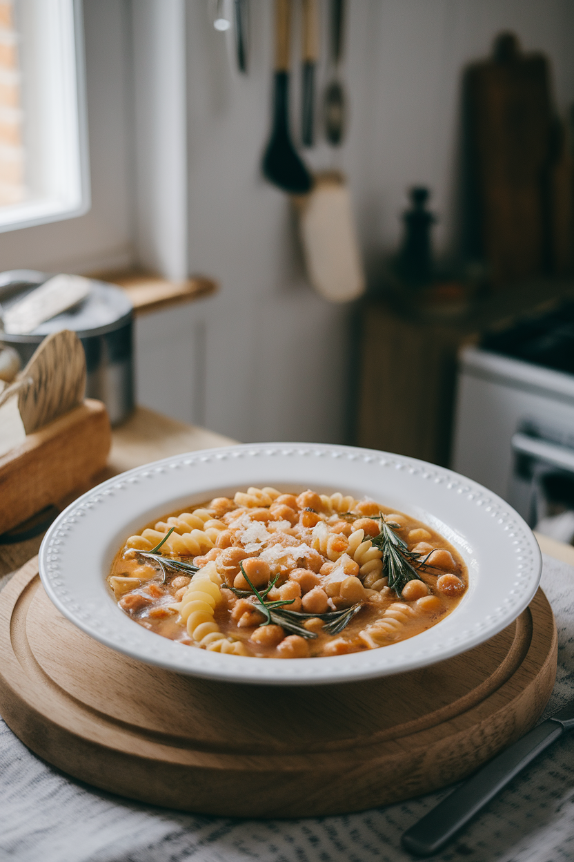 A soup plate indoors holding ditalini pasta and chickpeas in a rosemary-garlic broth, sprinkled with Parmesan. No text or logos.