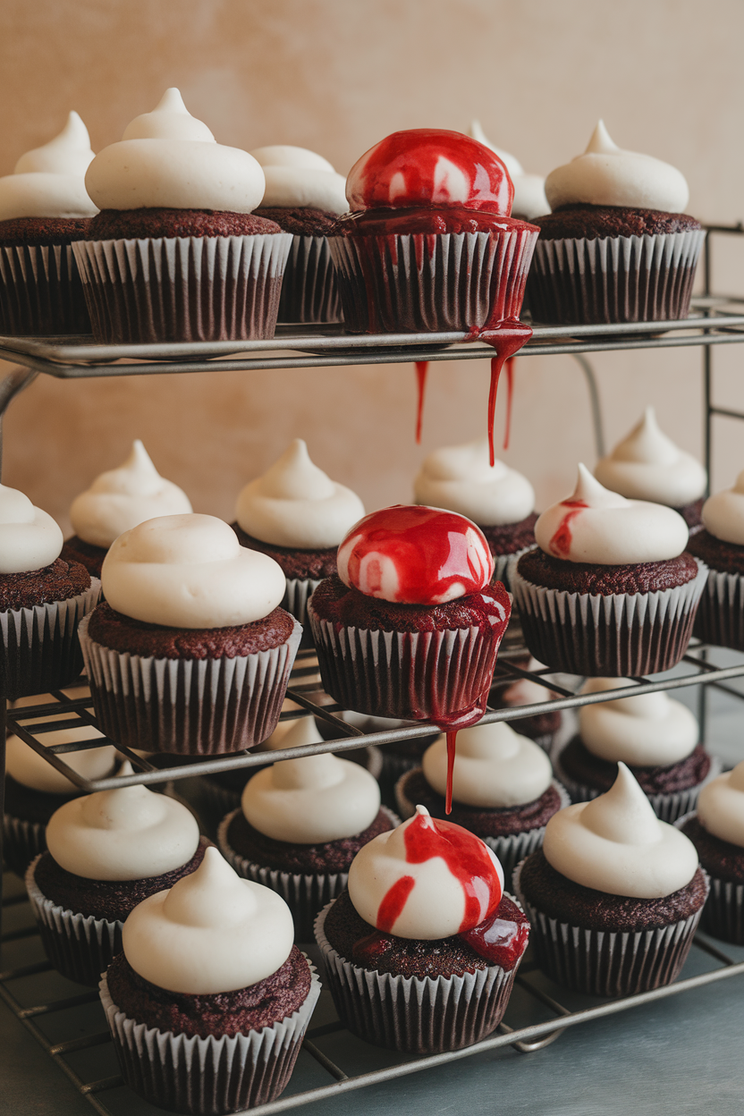 Indoor bakery rack with chocolate cupcakes topped with white frosting, red raspberry “blood” dripping from two punctures. No text or logos.