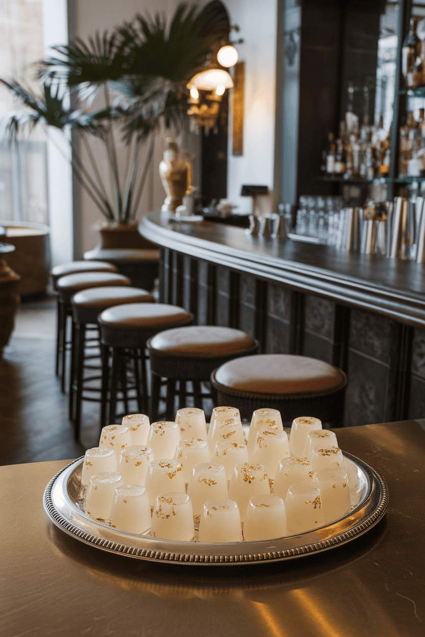 Indoor upscale cocktail bar with pale champagne jello shots flecked with tiny gold leaf pieces, no branding visible