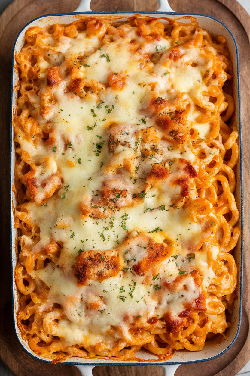 Indoor casserole dish of cheesy chicken spaghetti, noodles coated in creamy sauce, lightly browned on top, no text or logos. Photo.