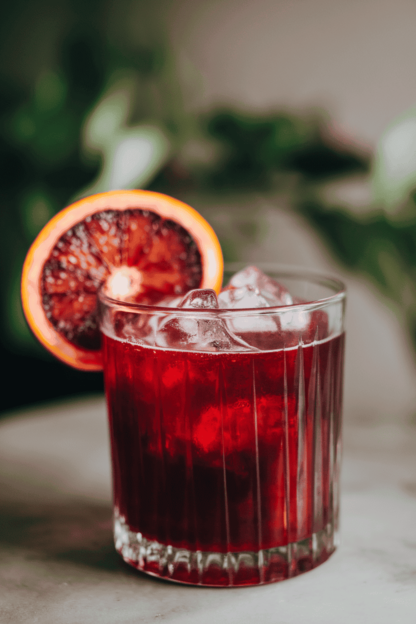 Indoor cocktail glass of deep crimson juice with a dramatic blood orange wheel on the rim, crushed ice glistening. No text or logos.