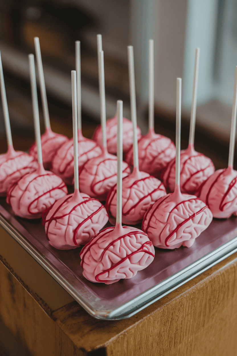 Brain-shaped cake pops coated in pink raspberry chocolate with red gel accent lines, displayed indoors on a metal tray; no logos or text. Photo.