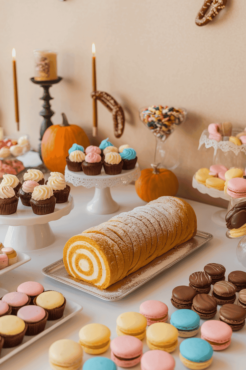 An indoor dessert table with a sliced pumpkin roll dusted with powdered sugar, cream cheese filling spiraled inside. No text or logos. Photo only.