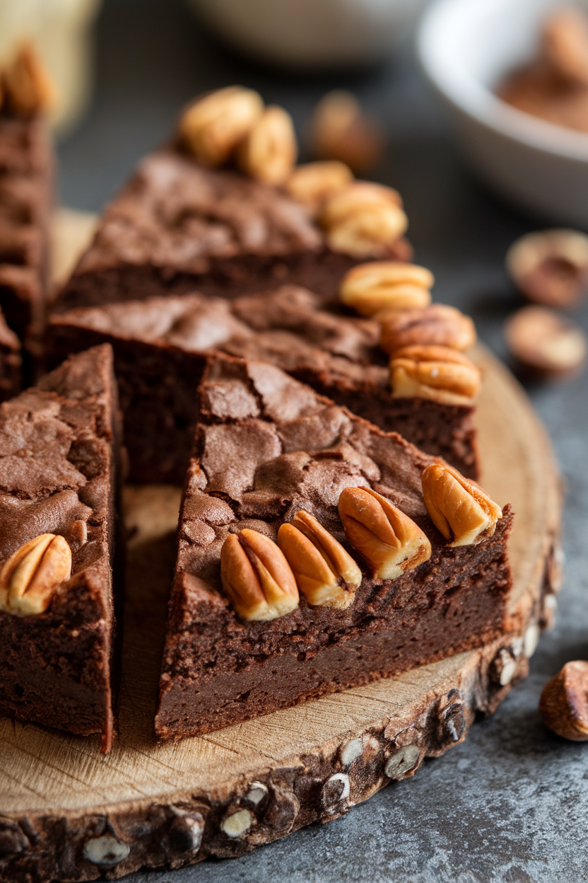 Indoor close-up of triangular brownie wedges edged with toasted hazelnut “claws,” presented on a rustic cutting board; no text or logos