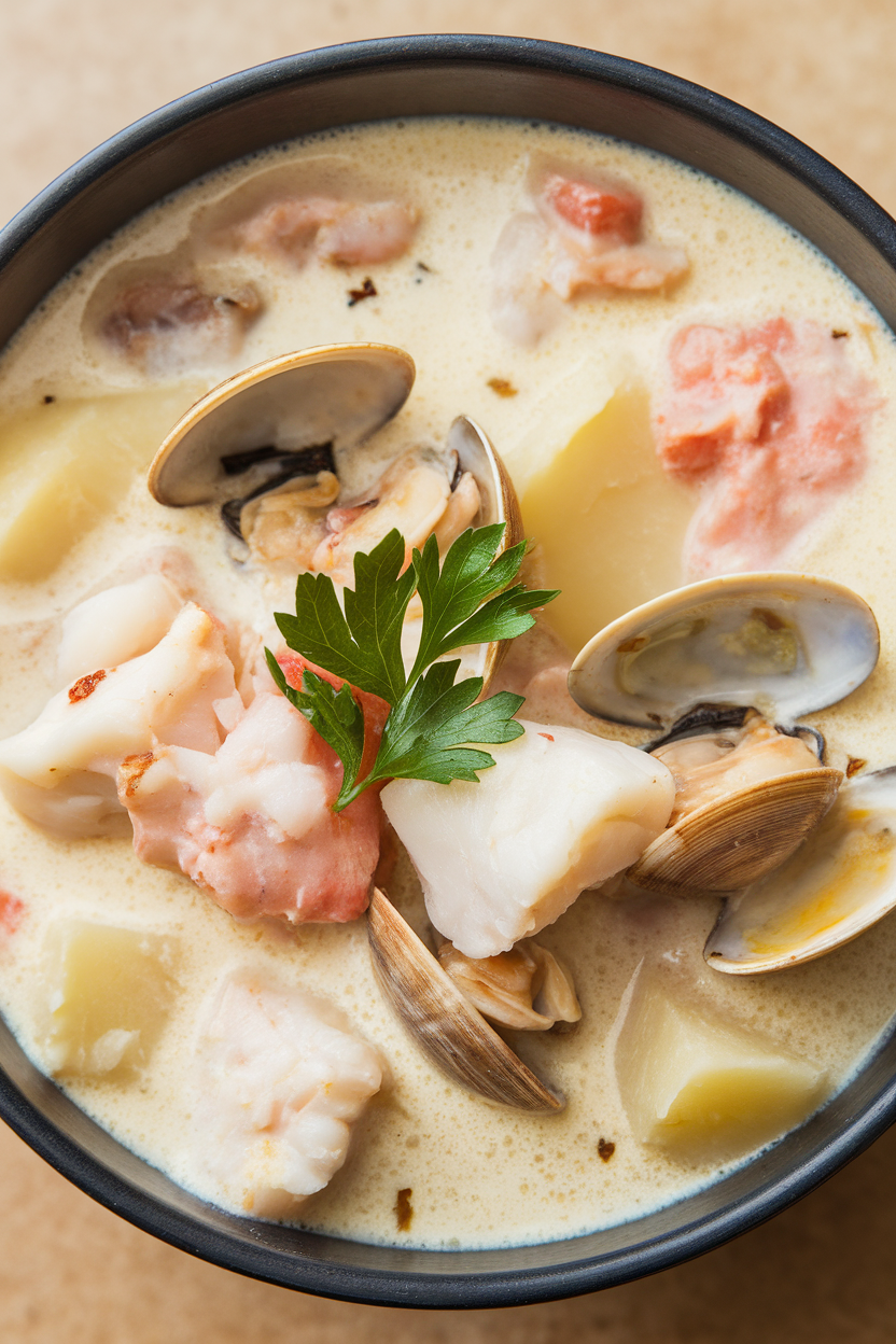 Indoor photo of a creamy bowl of seafood chowder with chunks of cooked white fish, clams, and potatoes, parsley garnish. No logos or text.