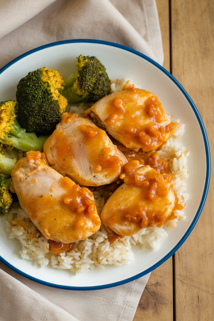 An indoor plate featuring baked orange sauce-coated chicken pieces with steamed broccoli and jasmine rice. No text or logos present; photo only.