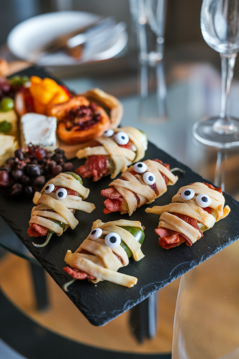 A slate cheeseboard on an indoor table holding bacon-wrapped jalapeño poppers criss-crossed with thin strips of puff pastry to look like mummy bandages, edible candy eyes peeking through. No text or logos. Photo, not illustration.