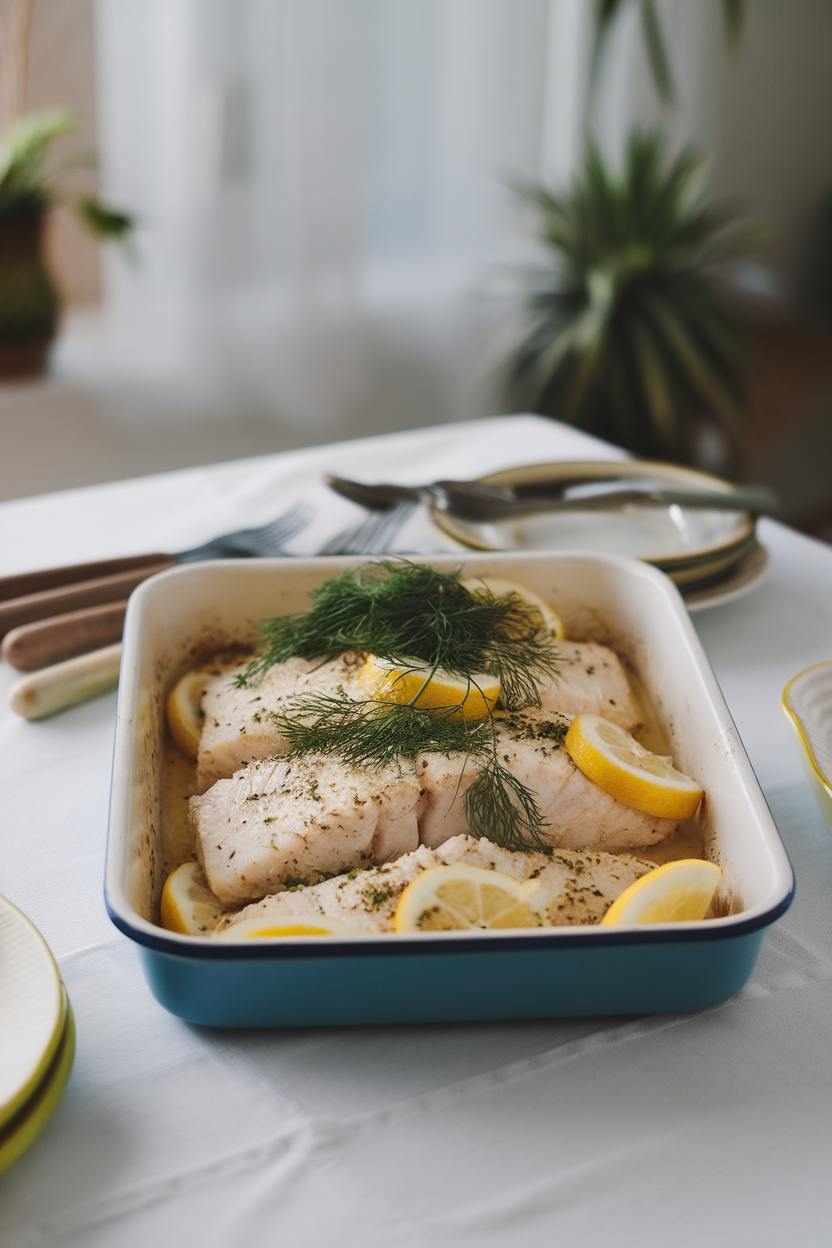 An indoor dining setting showcasing a baking dish with flaky cooked haddock fillets topped with fresh dill and lemon wheels. No text or logos; photography only.