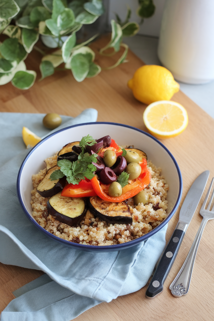 Indoor countertop photo with a bowl of quinoa, roasted zucchini, eggplant, bell peppers, olives, and lemon herb dressing. No text or logos anywhere.