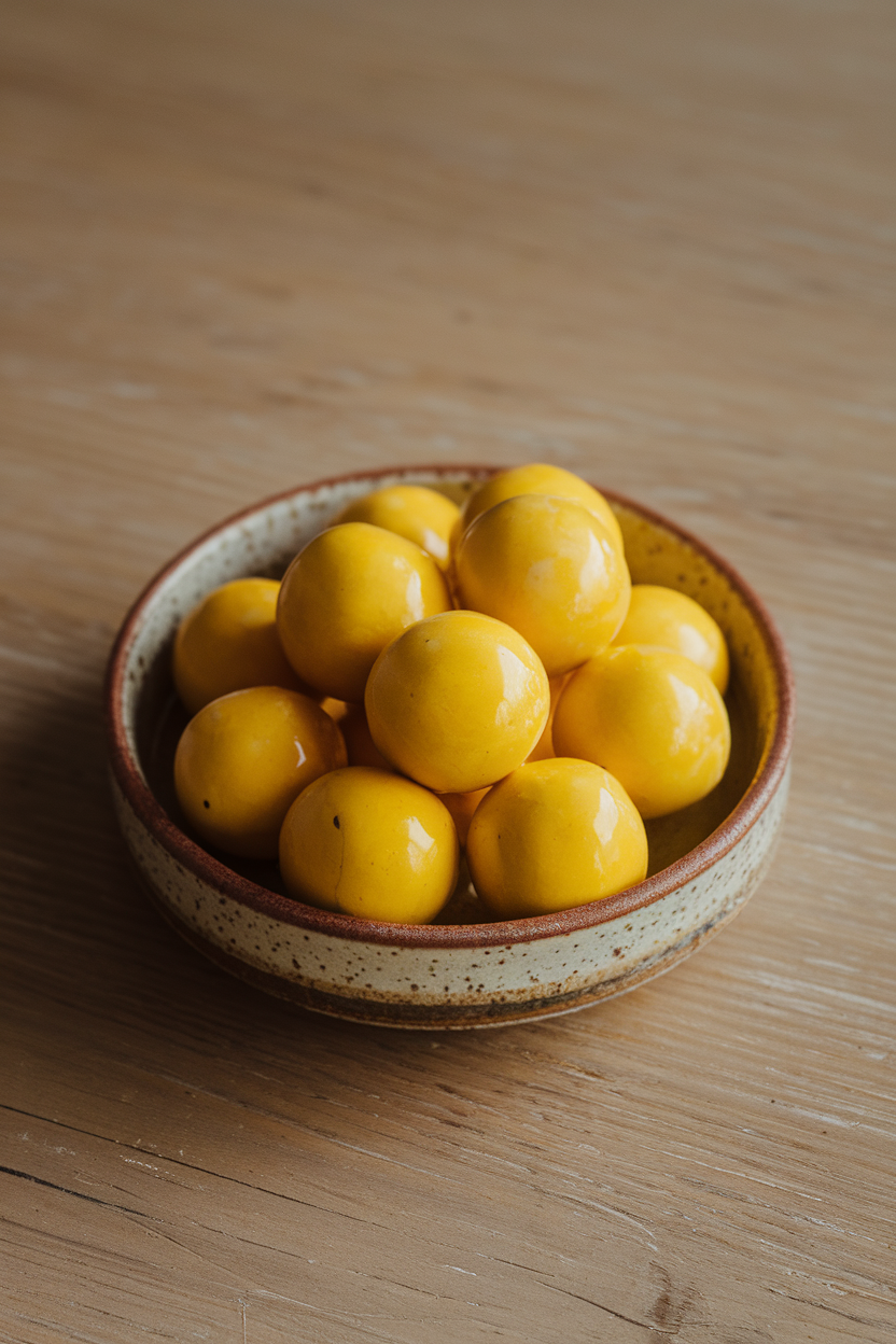 Photo of indoor ceramic dish containing bright yellow glazed candy spheres, no logos