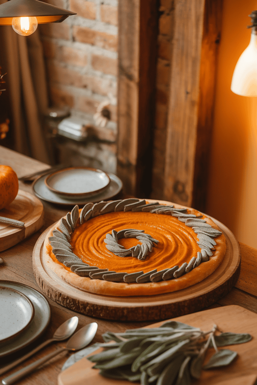 Cozy indoor harvest table displaying a pumpkin-purée pizza with fried sage leaves arranged like a swirling cape. No text or logos.