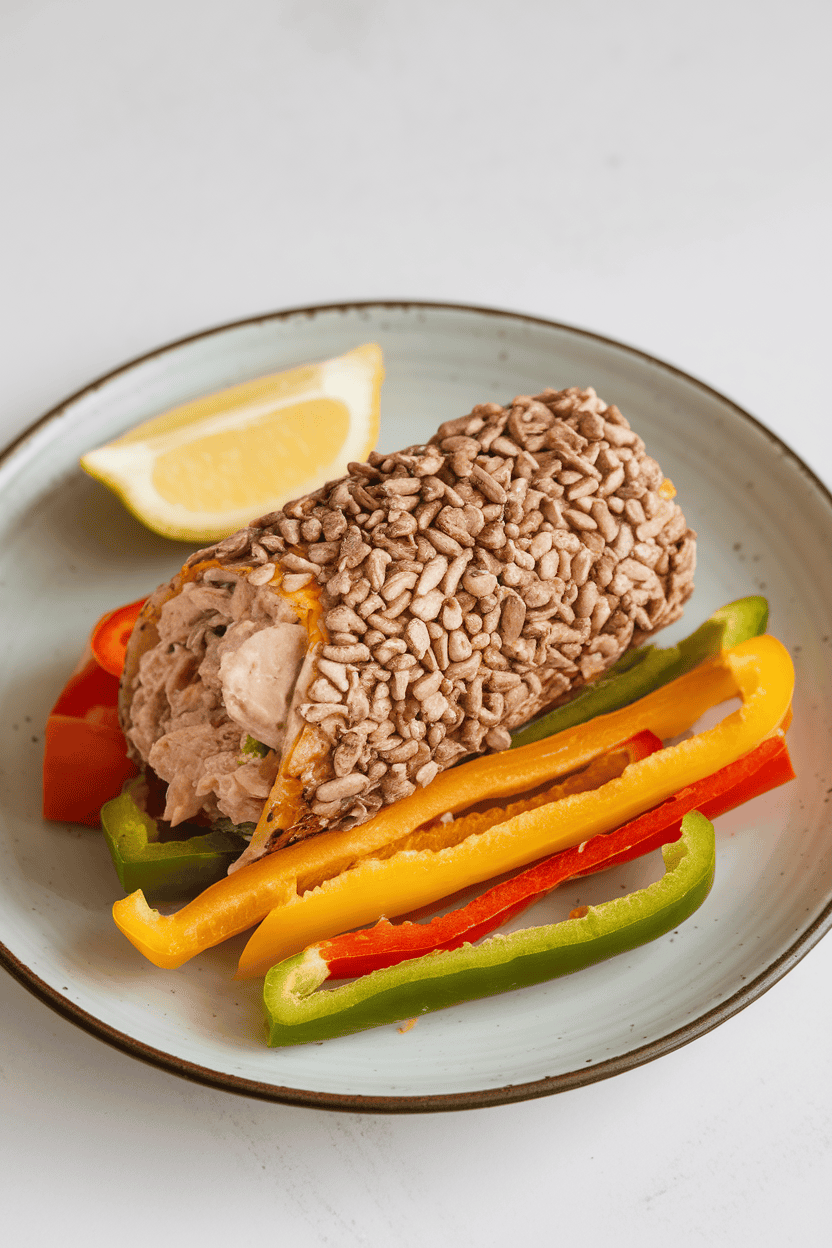 Indoor tabletop image of tuna salad rolled in crushed sunflower seeds, assorted bell pepper strips, small lemon wedge; no text or logos.