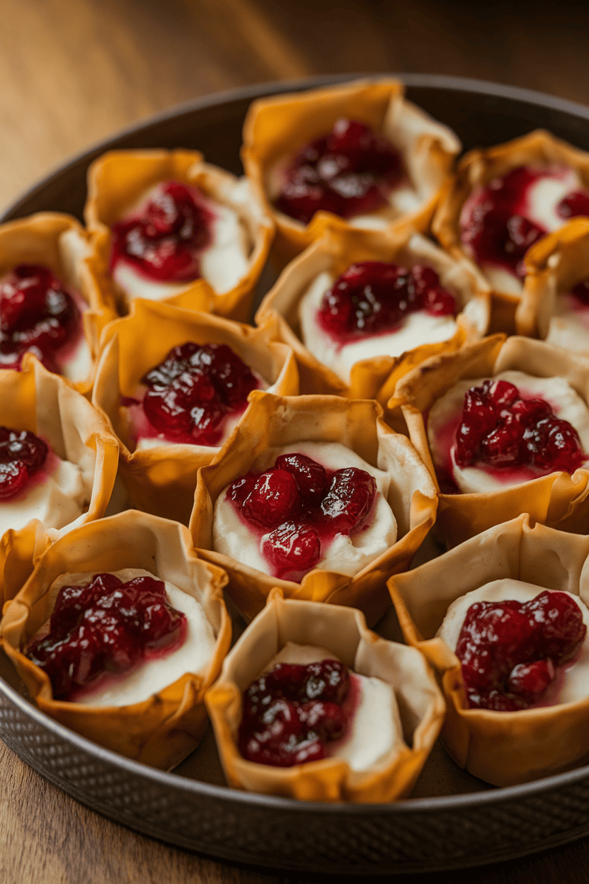 Indoor photo of mini phyllo cups filled with melted brie and bright cranberry sauce, a flicker-like glaze on top. Warm ambient light, no text or logos.