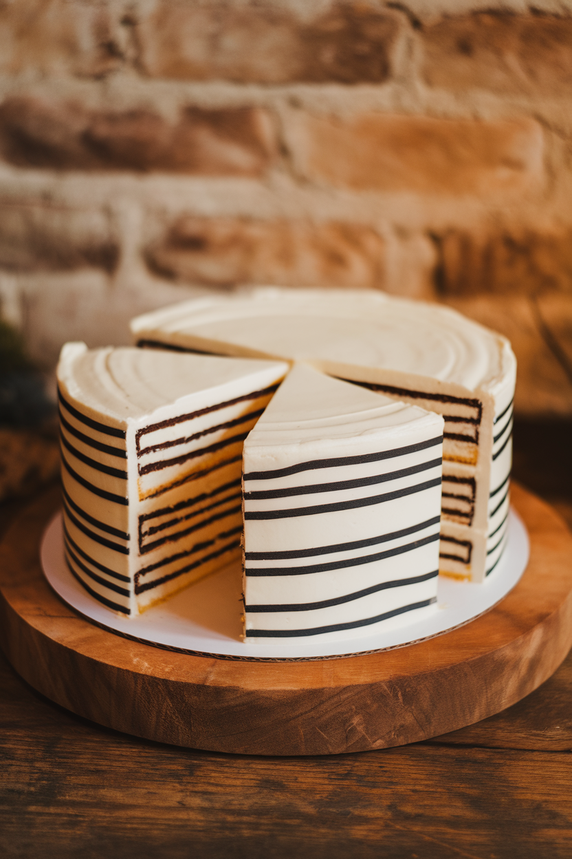 Indoor photo of a sliced vanilla cake revealing alternating black licorice and white buttercream stripes, warmly lit. No text or logos.