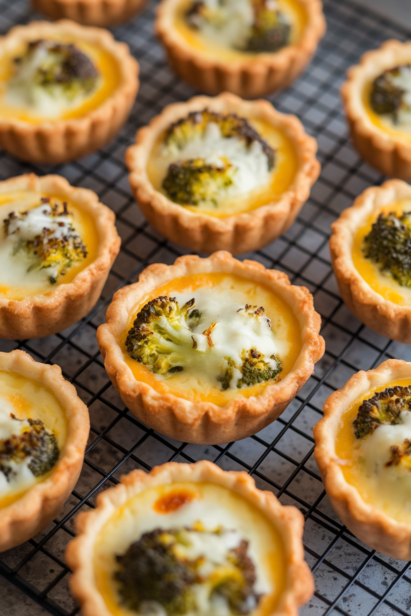 Indoor photo of muffin-tin quiche cups with visible broccoli florets and golden cheese tops, arranged on a cooling rack. No text or logos.