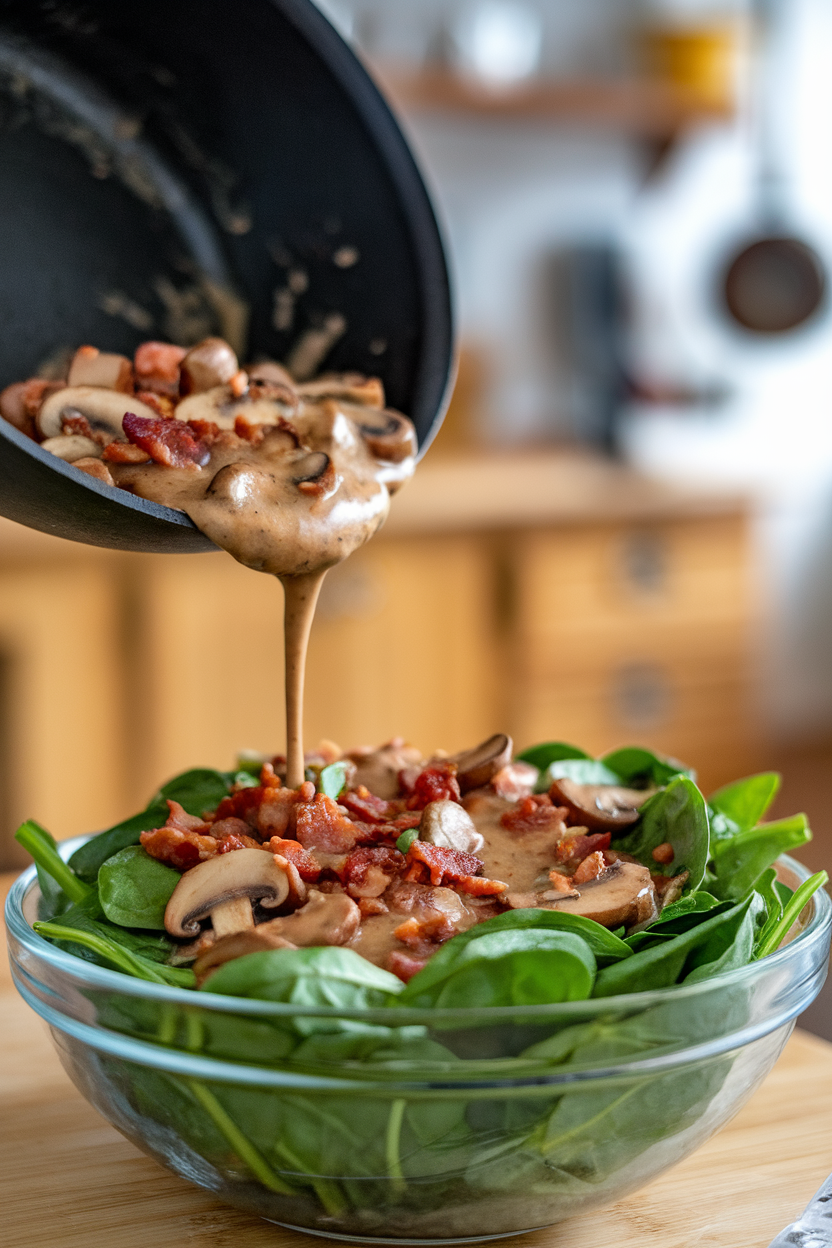 Photo of an indoor skillet pouring warm mushroom bacon dressing over fresh spinach in a bowl; no text or logos