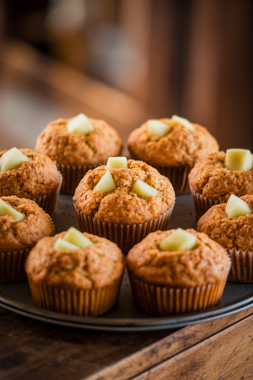 An indoor bakery tray of golden quinoa muffins with apple chunks peeking through the tops, shot from slightly above. No text or logos anywhere.