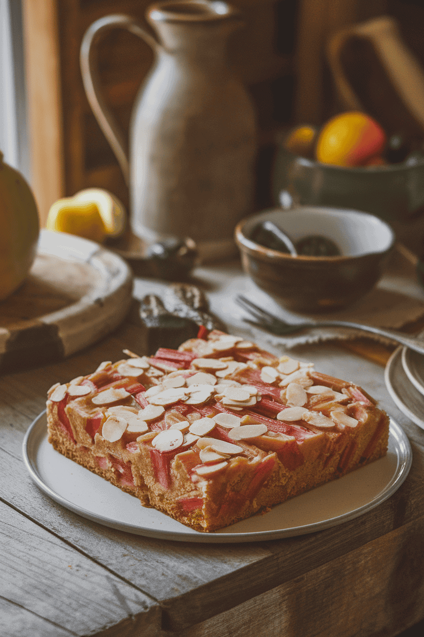 An indoor farmhouse table with a square of cake showcasing visible rhubarb chunks and sliced almonds on top. No text or logos. Photo only.