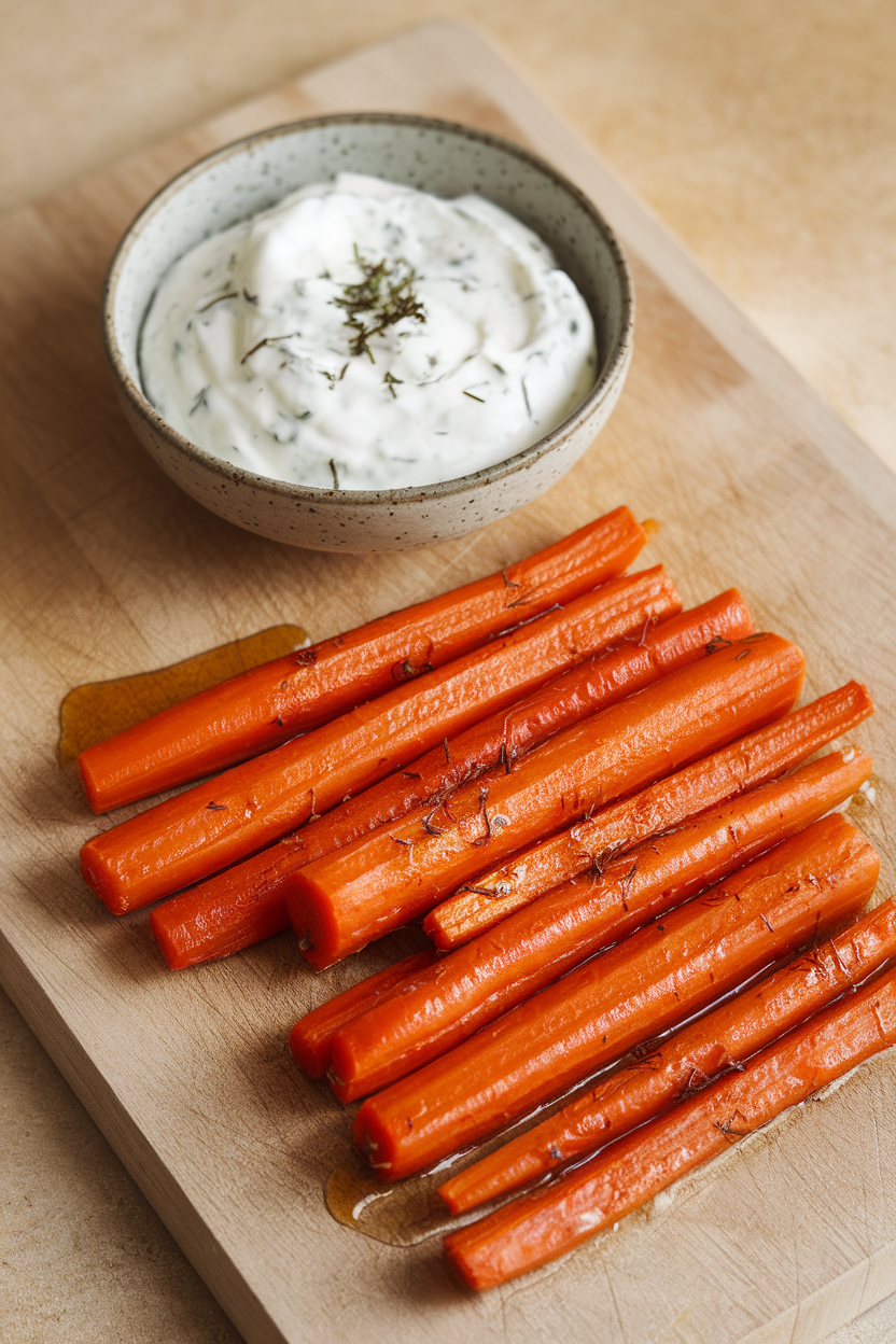 Indoor photo of roasted carrot sticks glazed with honey beside a bowl of herbed yogurt dip on a cutting board; no text or logos.