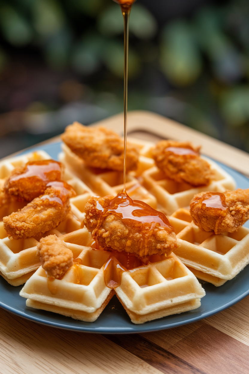 Indoor plate of mini waffle squares topped with crispy chicken nuggets, drizzled with shimmering hot honey. No logos or text. Photo only.