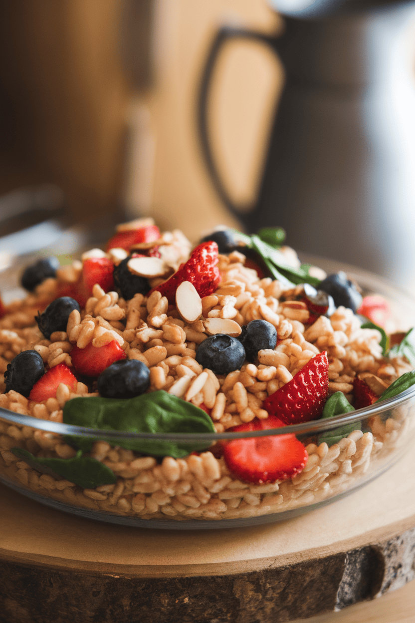 Indoor photo of a serving dish filled with farro tossed with strawberries, blueberries, spinach, and slivered almonds, no text or logos.