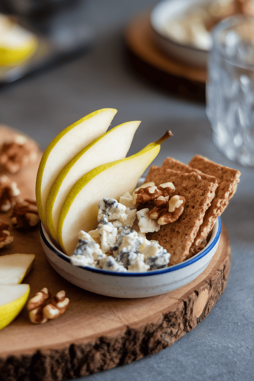 Indoor photo of thin pear slices, crumbled blue cheese in a silicone cup, and whole-grain crackers sprinkled with walnuts; no text or logos.