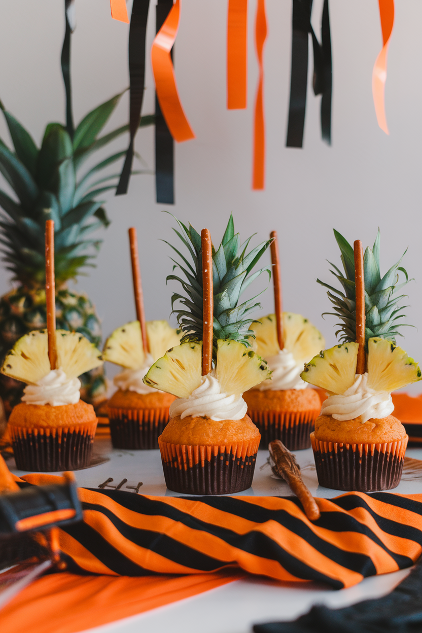 Indoor tropical-meets-Halloween scene with pineapple-topped cupcakes, a pretzel stick broom handle stuck into each, no text or logos.
