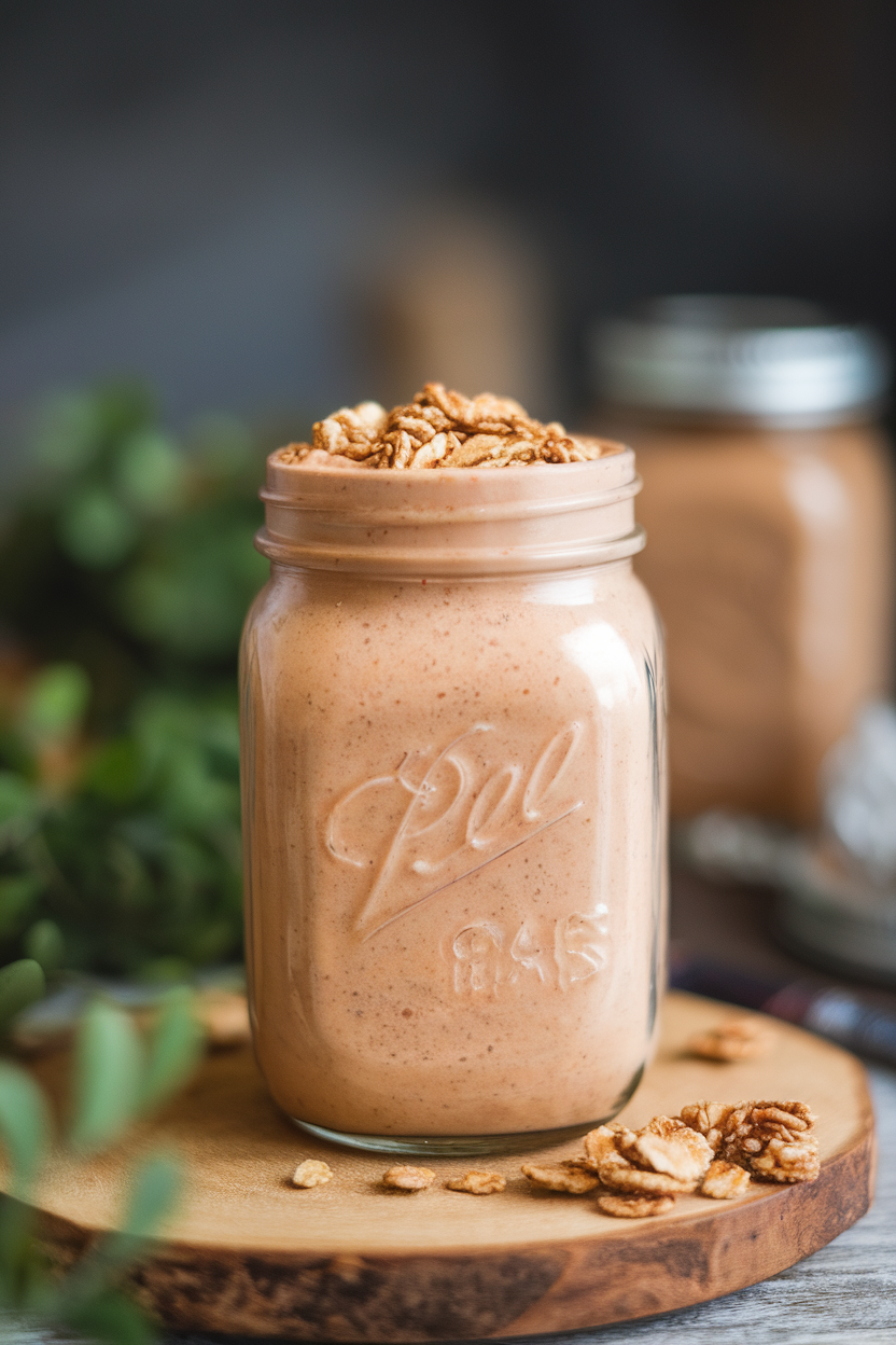 An indoor mason jar filled with creamy peach smoothie, granola sprinkled on top like crumble. Photo only, no text or logos.