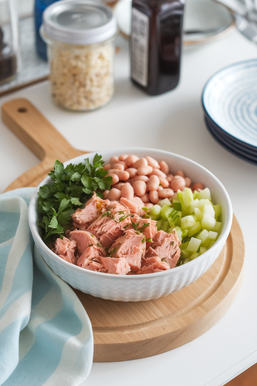 An indoor lunch table featuring a meal-prep bowl of canned tuna, cannellini beans, diced celery, and parsley dressed in lemon vinaigrette. No text or logos; photo only.