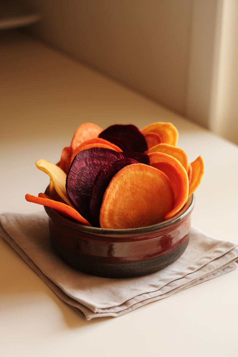 A warmly lit indoor photo of a ceramic dish filled with multi-colored beet, carrot, and sweet-potato chips, set on a linen napkin. No text or logos present.