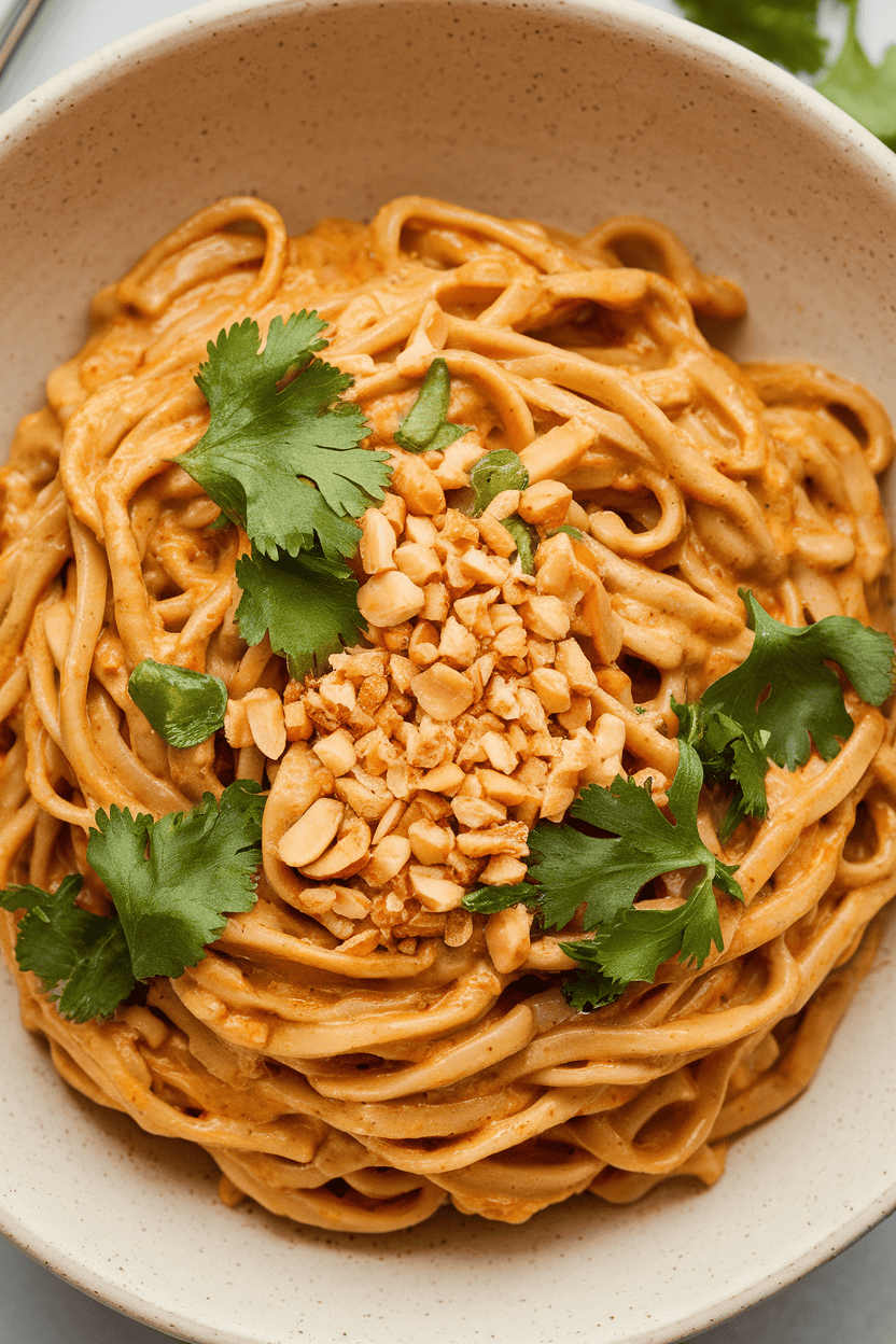 Indoor photo of noodles tossed in a creamy peanut sauce, sprinkled with chopped peanuts and cilantro; no logos or text.