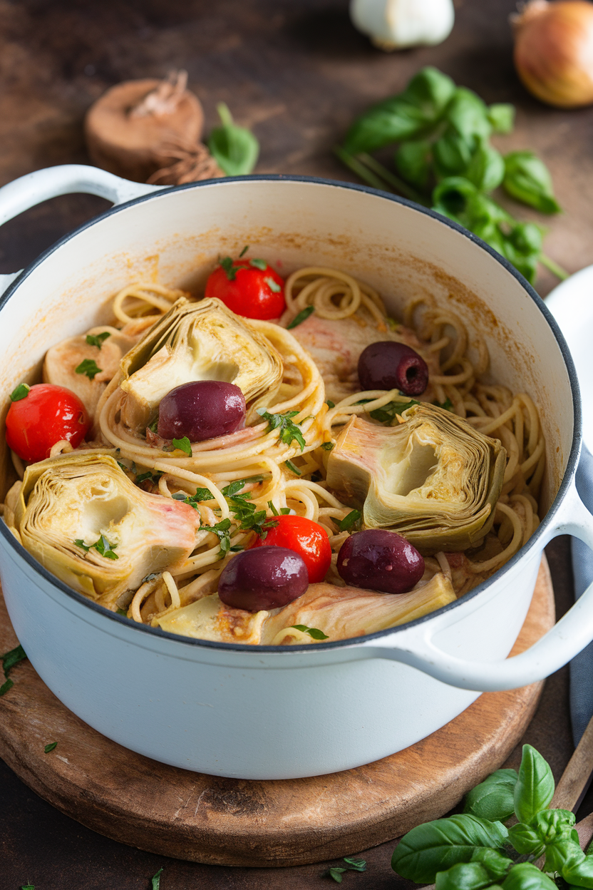 An enamel pot indoors filled with spaghetti, artichoke hearts, Kalamata olives, and cherry tomatoes in a light sauce. No logos or text.