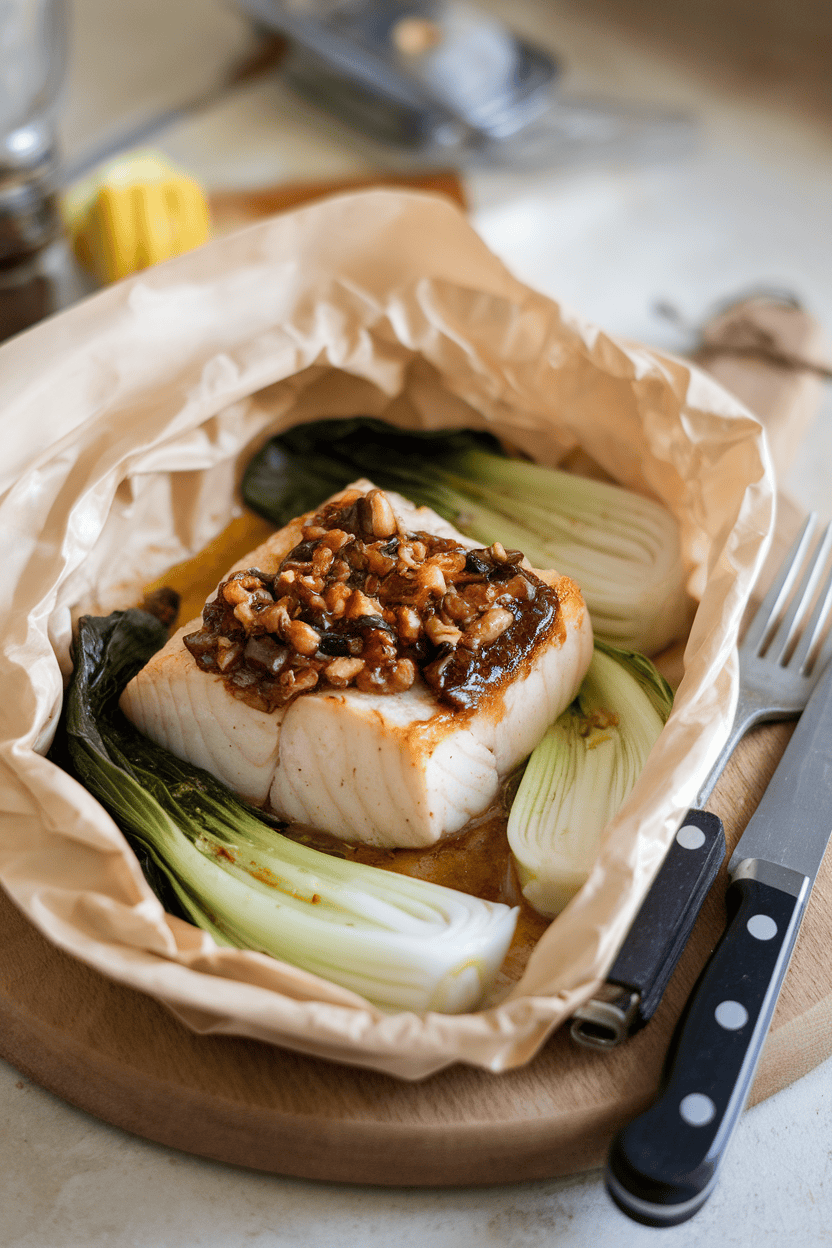 Photo of an opened parchment packet indoors revealing cooked cod fillet with bok choy and miso glaze, no text or logos.