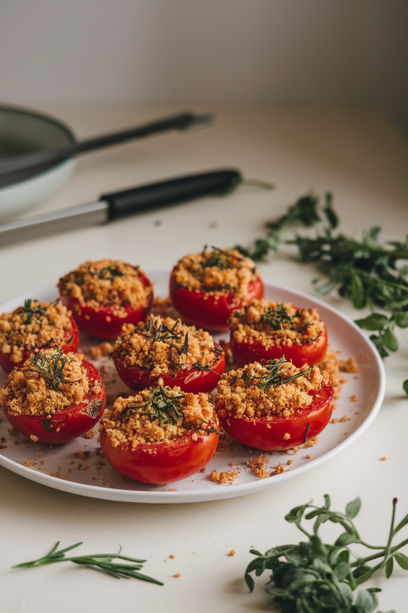 Halved plum tomatoes topped with herbs de Provence and breadcrumbs, roasted and plated indoors; no text or logos. Photo only.