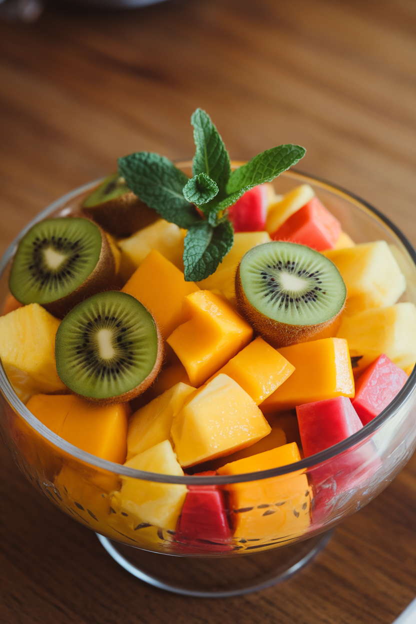 An indoor glass bowl filled with colorful chunks of mango, pineapple, and kiwi, sprigs of mint on top. Photo only, no text or logos.