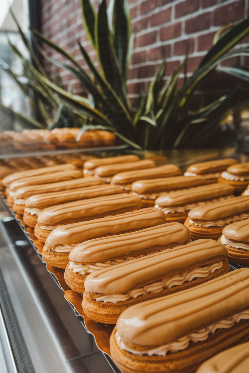 Photo of éclairs filled with pumpkin cream and topped with caramel glaze, indoor pastry case look, no text or logos.