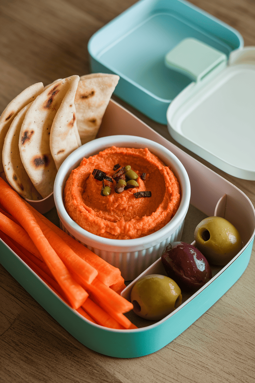 Indoor bento containing a ramekin of roasted red pepper hummus, carrot sticks, pita chips, and olives. No branding or text.