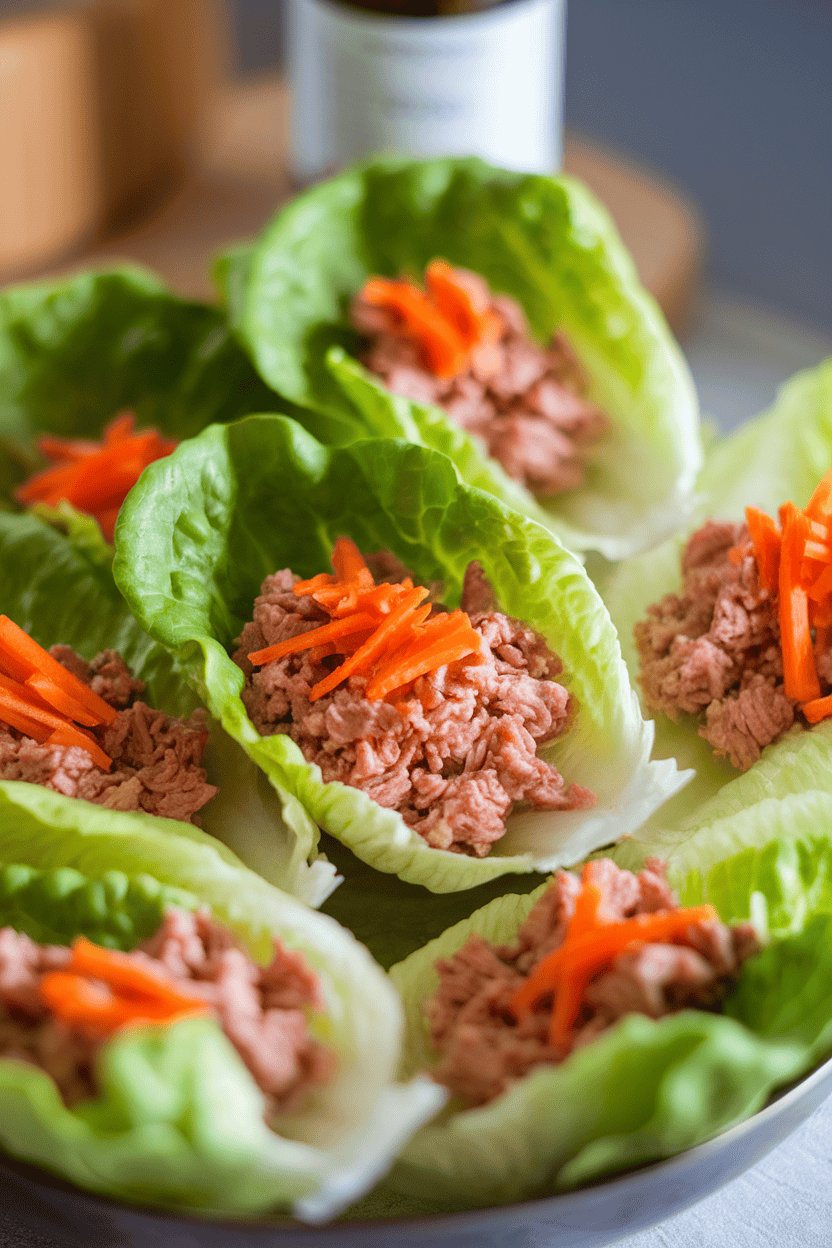 Photo of butter lettuce leaves filled with ground turkey and shredded carrots, bottle blurred in background, indoor light, no text or logos.