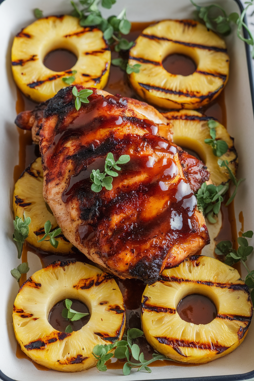 Indoor serving platter of barbecue chicken breast topped with grilled pineapple rings, glaze dripping lightly. No logos. Photo.