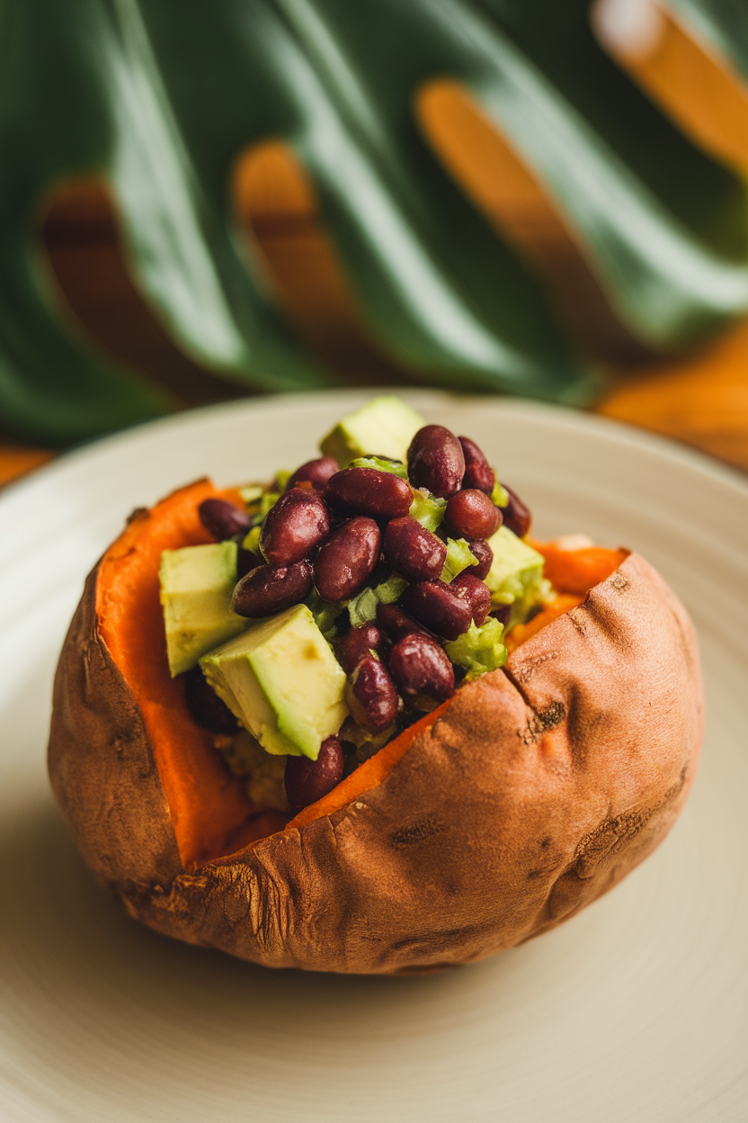 Indoor photo of a baked sweet potato split open and topped with black bean salsa and avocado cubes; no text or logos.