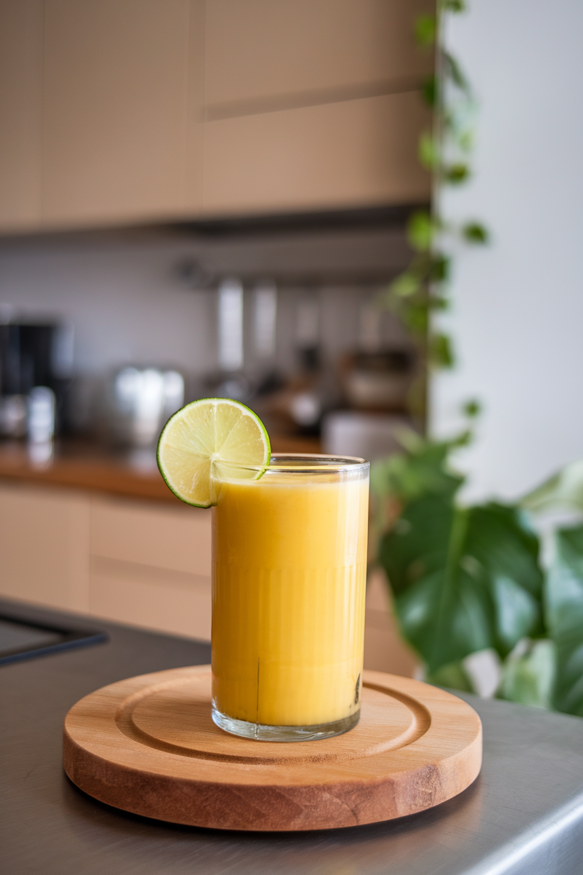 Photo of a chilled glass of mango lassi garnished with a lime wheel, shot indoors on a countertop. No text or logos anywhere.