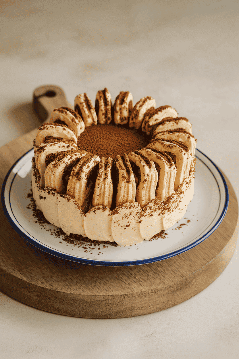 An indoor dessert plate with an ice cream cake featuring visible layers of vanilla gelato, espresso-soaked ladyfingers, and cocoa dusting. No text or logos. Photo only.